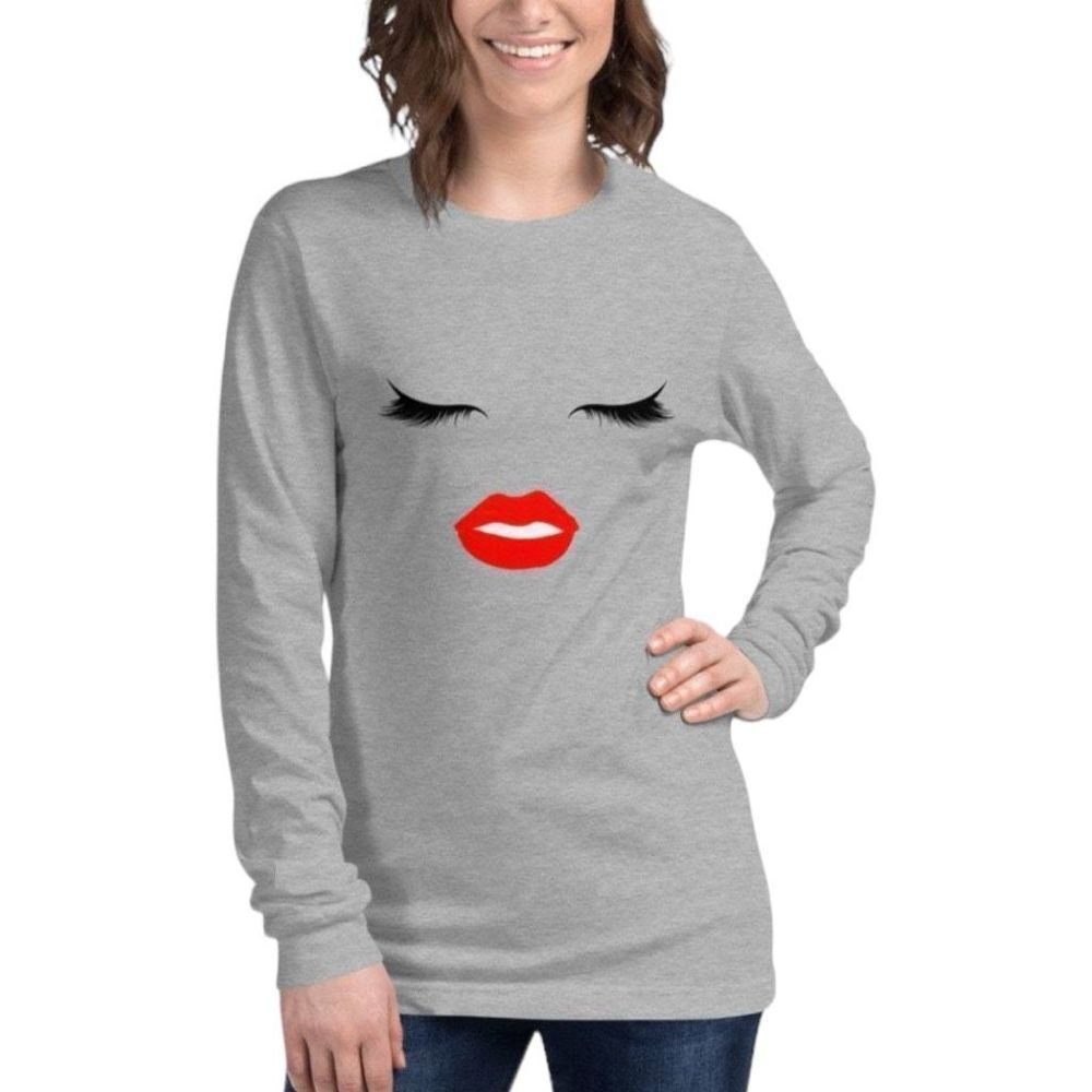 Eishopeer Women's Junior's Long Sleeve Tee Style Top Gray Eyes Lips Medium